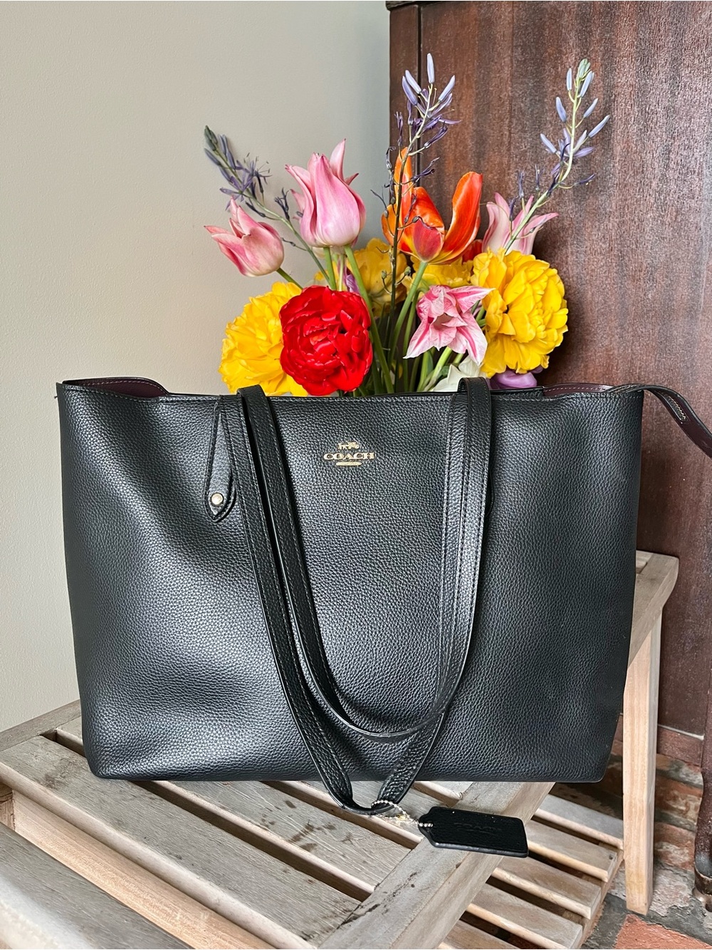 Coach Black Pebbled Leather Tote | Purple Interior | Zip Top City Work Bag